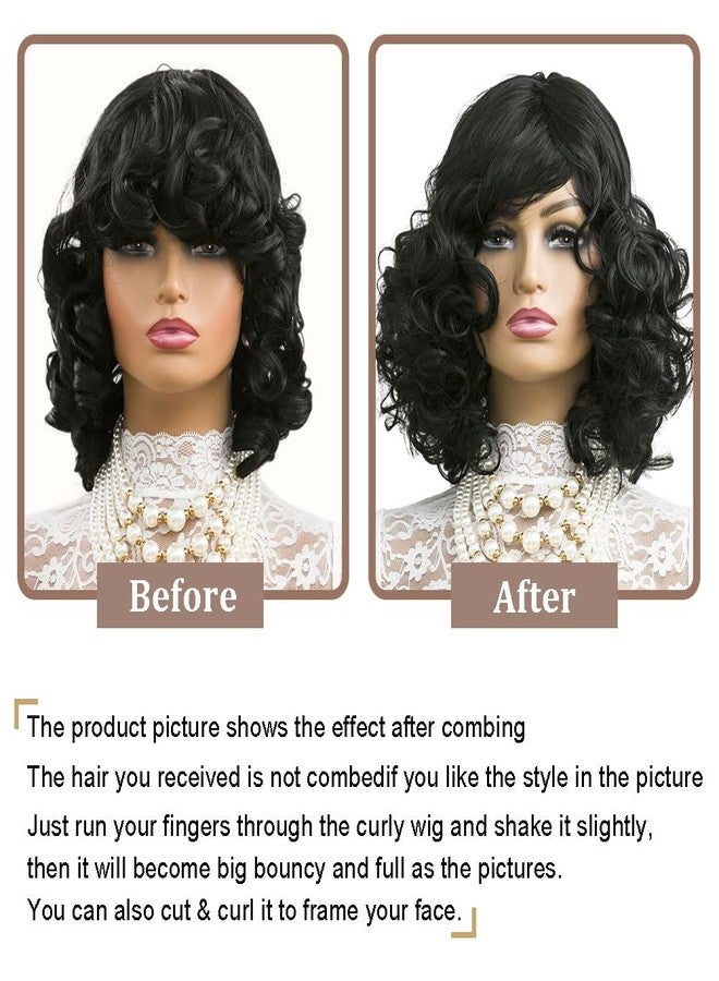 MOONSHOW Short Curly Wigs for Women - Loose Curly Wig with Bangs, Afro Curly Wig, Big Curly Hair Wig with Bangs - Synthetic Wigs for African American Women (Natural Black) - Image 5